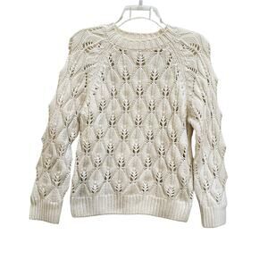 Roy Roger’s Cream Wool Pointelle Fisherman Open Knit Crewneck Sweater Size Small